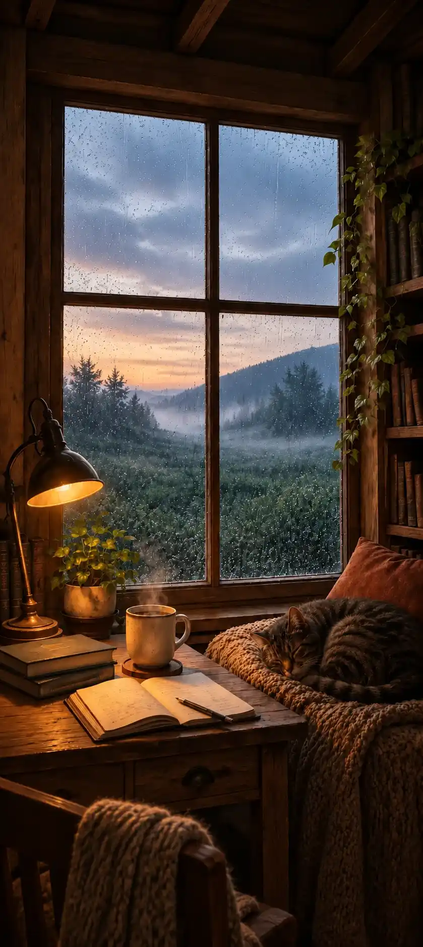 Janela de madeira com chuva, uma xicara e um gato descansando